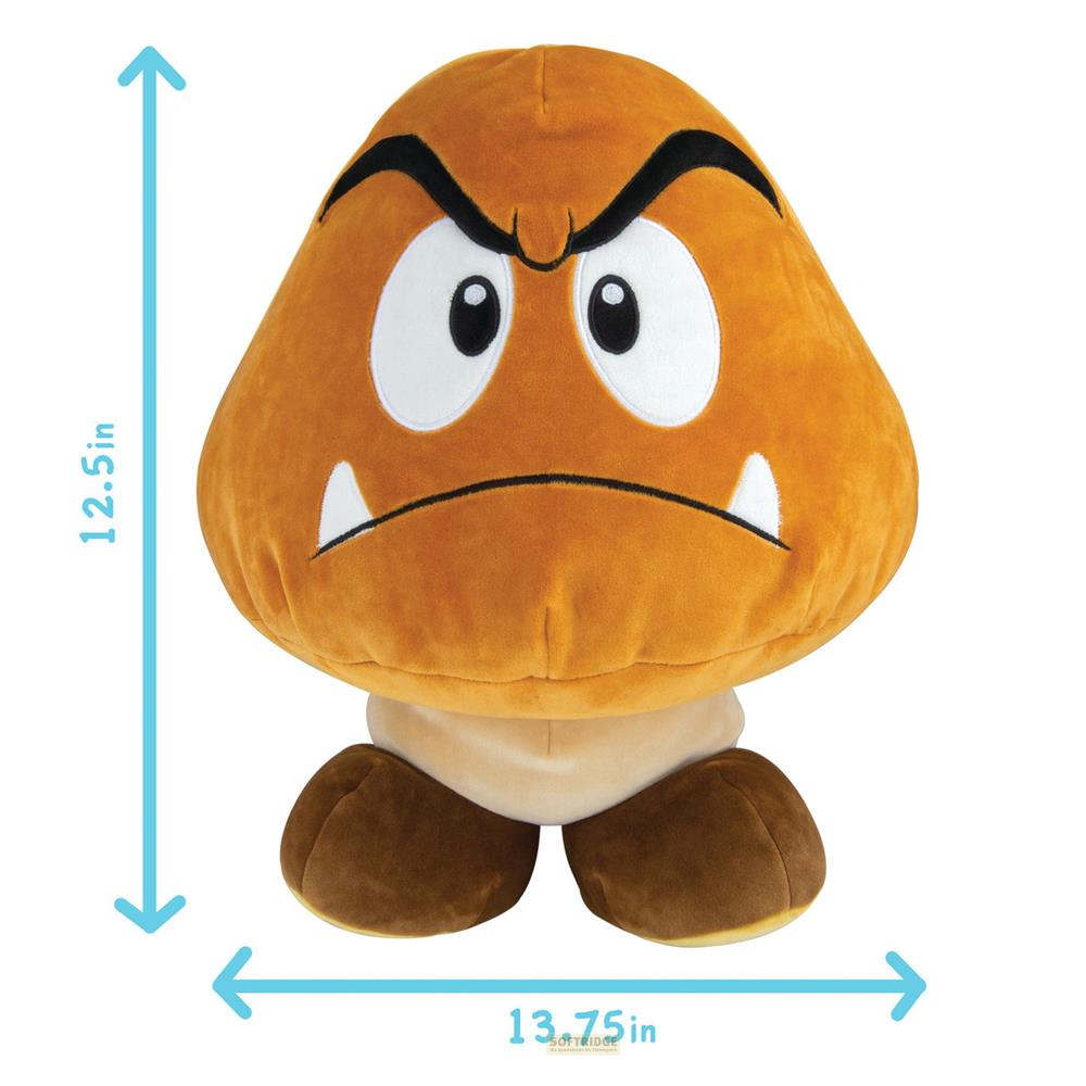 Braune Plüschfigur einer Goomba-Figur mit großen Augen und einem grimmigen Ausdruck.