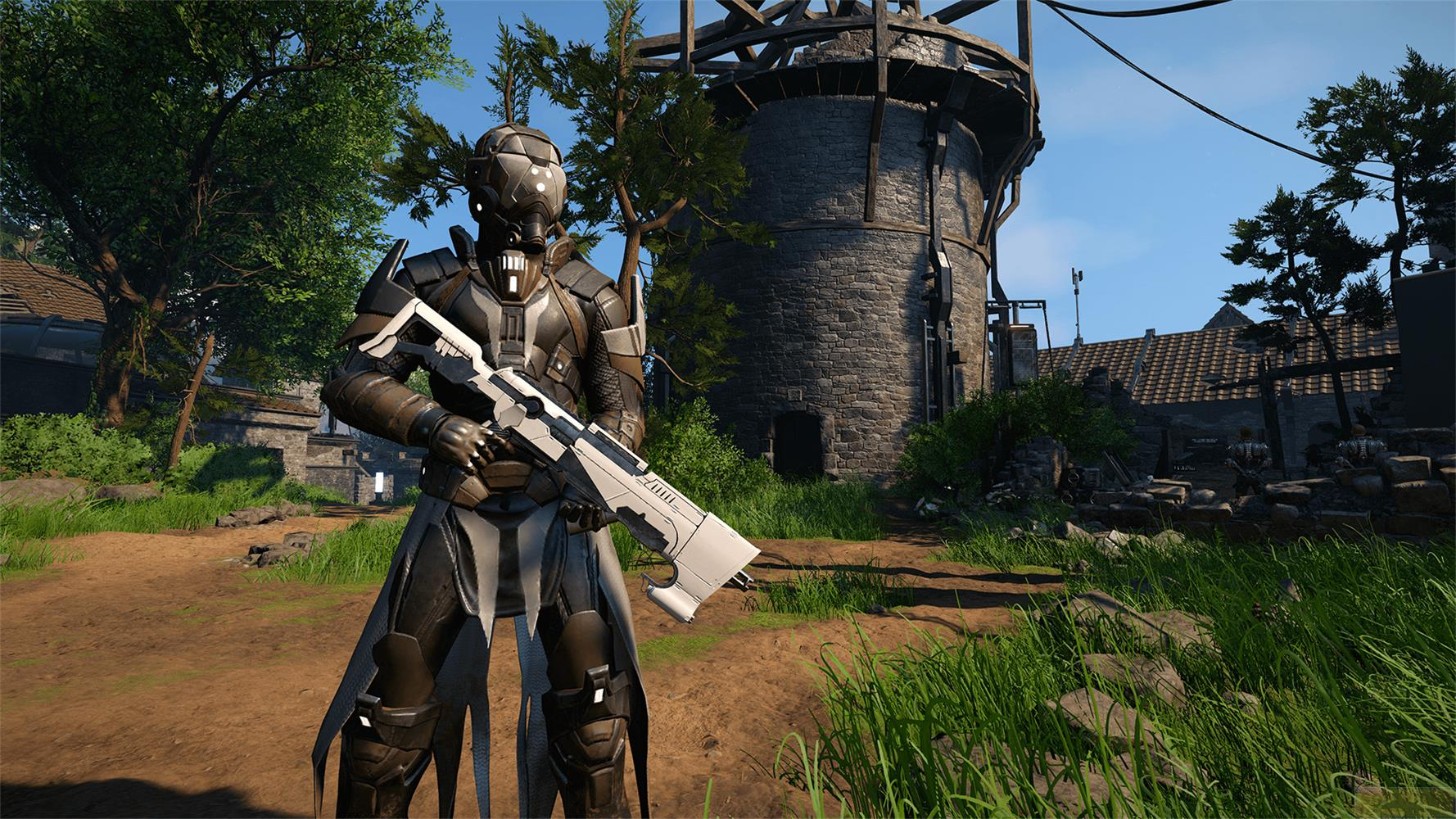 Ein Soldat in futuristischer Rüstung hält eine Waffe vor einem Steinturm.