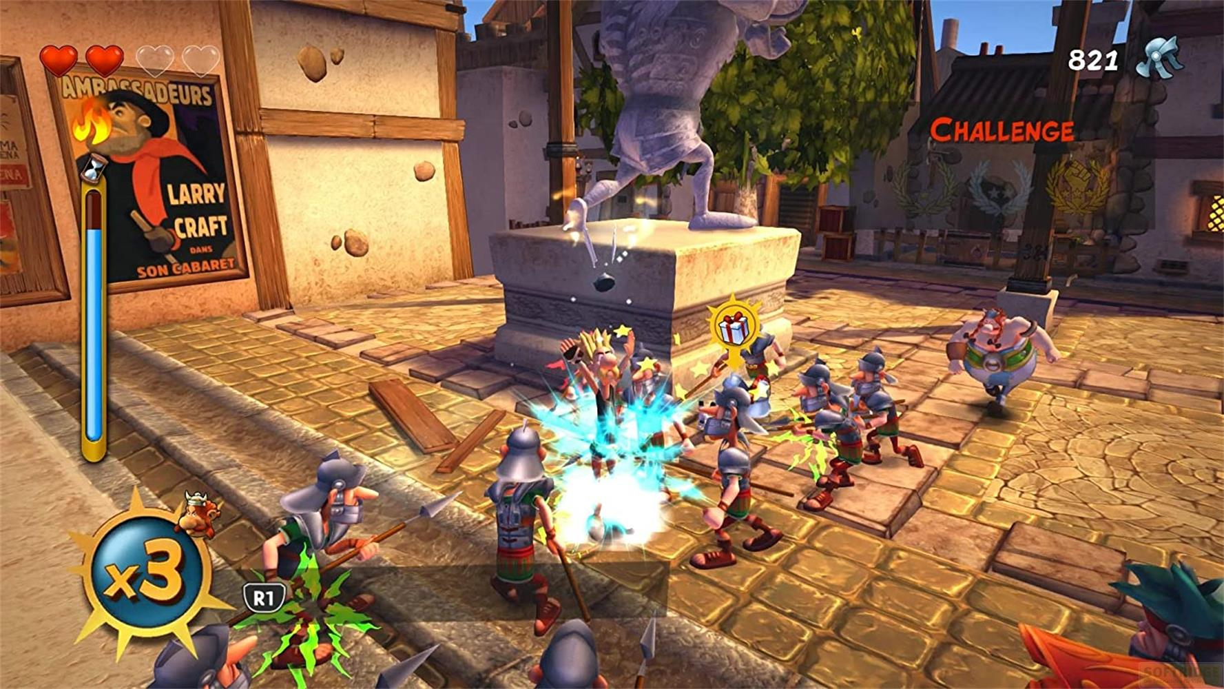 Asterix und seine Freunde kämpfen gegen römische Soldaten in einer belebten Stadt.