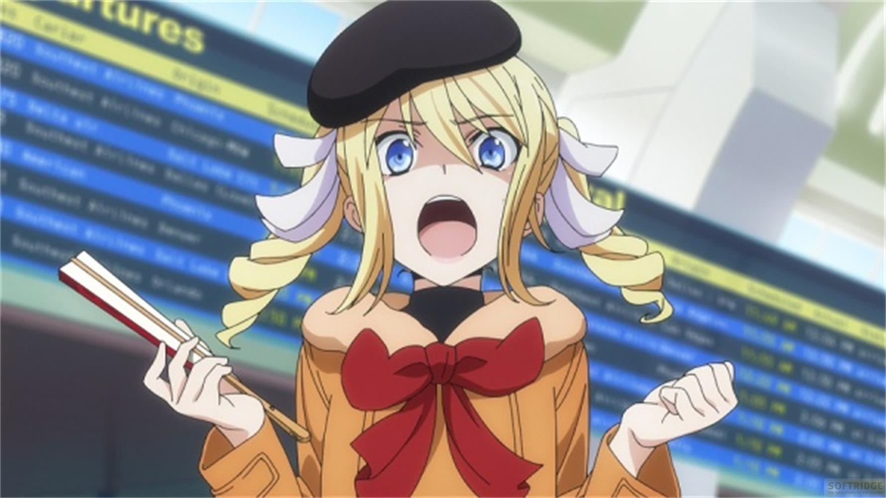Ragazza anime con capelli biondi, occhi blu, cappotto arancione e berretto nero che tiene un ventaglio.