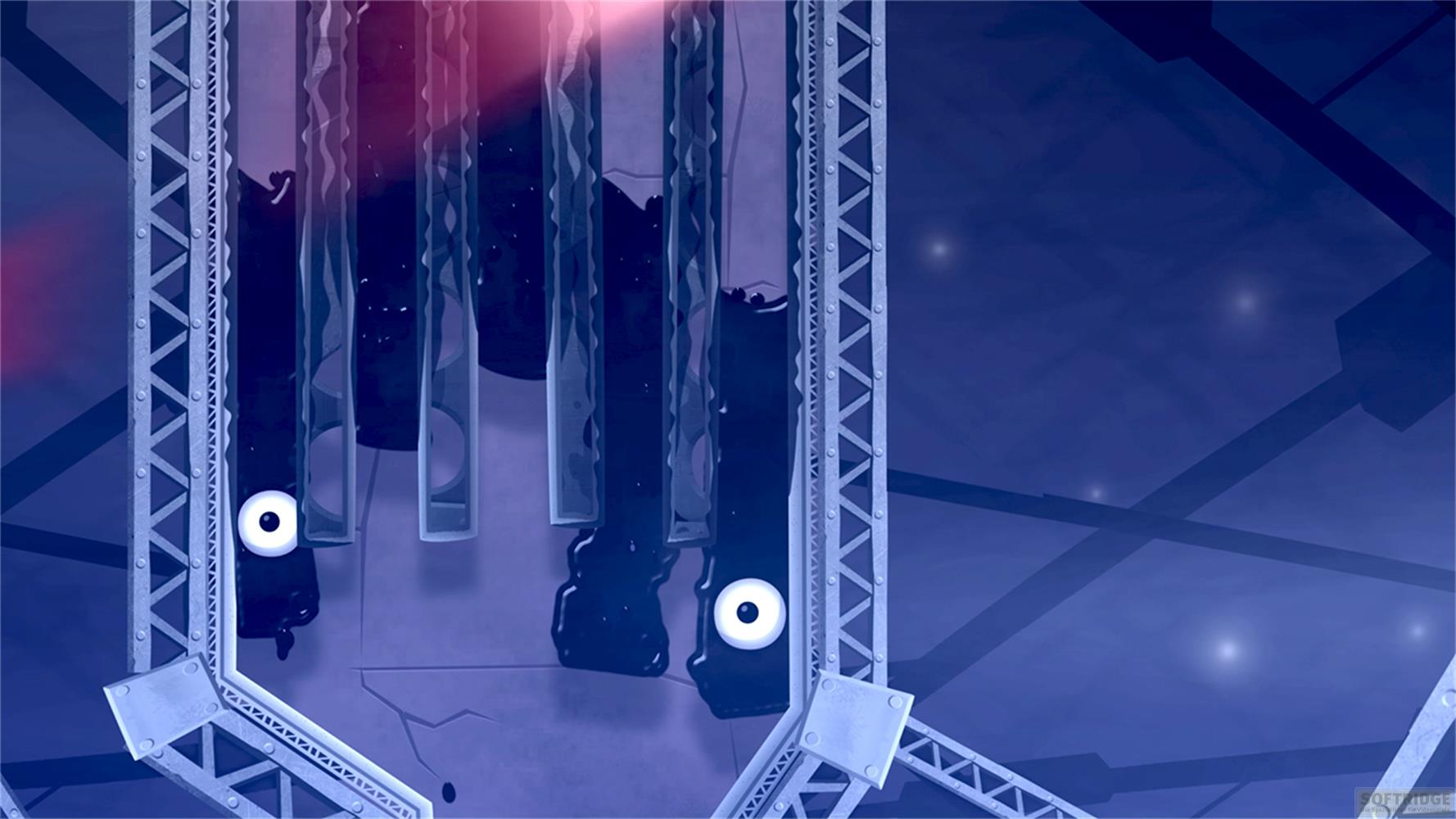 Dunkle Formen mit Augen hängen an Gerüsten vor blauem Hintergrund.