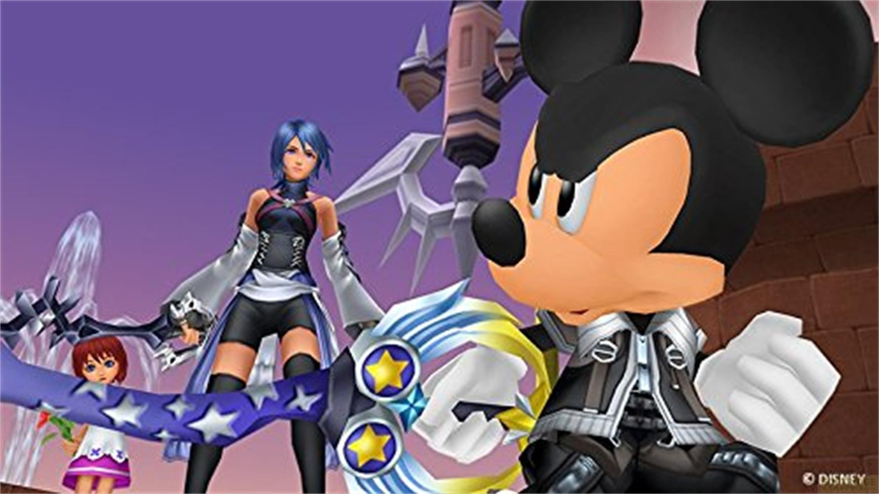Mickey, Aqua et Kairi devant un ciel violet avec des structures médiévales.