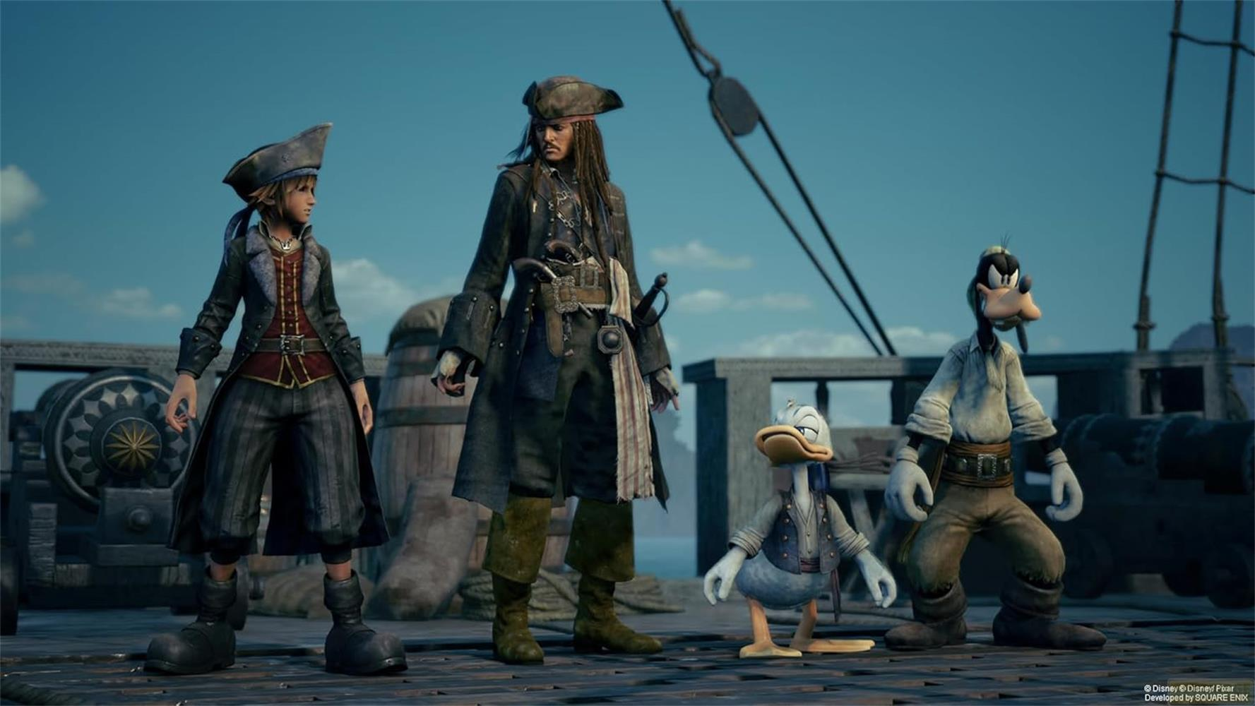 Quatre personnages en tenue de pirate sur le pont d'un navire. Sora, Jack Sparrow, Donald Duck, Goofy.