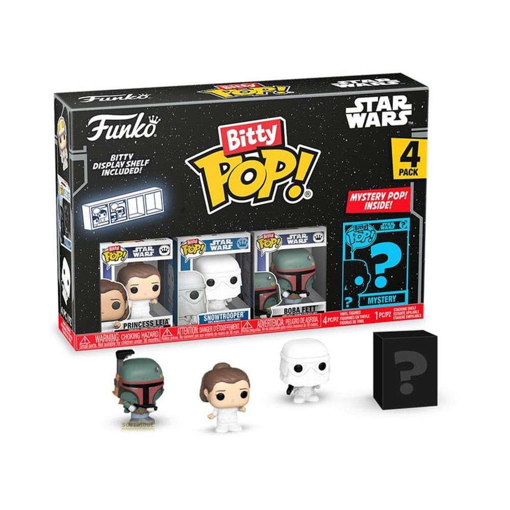 Confezione da 4 Bitty Pop di Star Wars con Principessa Leia, Snowtrooper, Boba Fett e un Pop Misterioso.