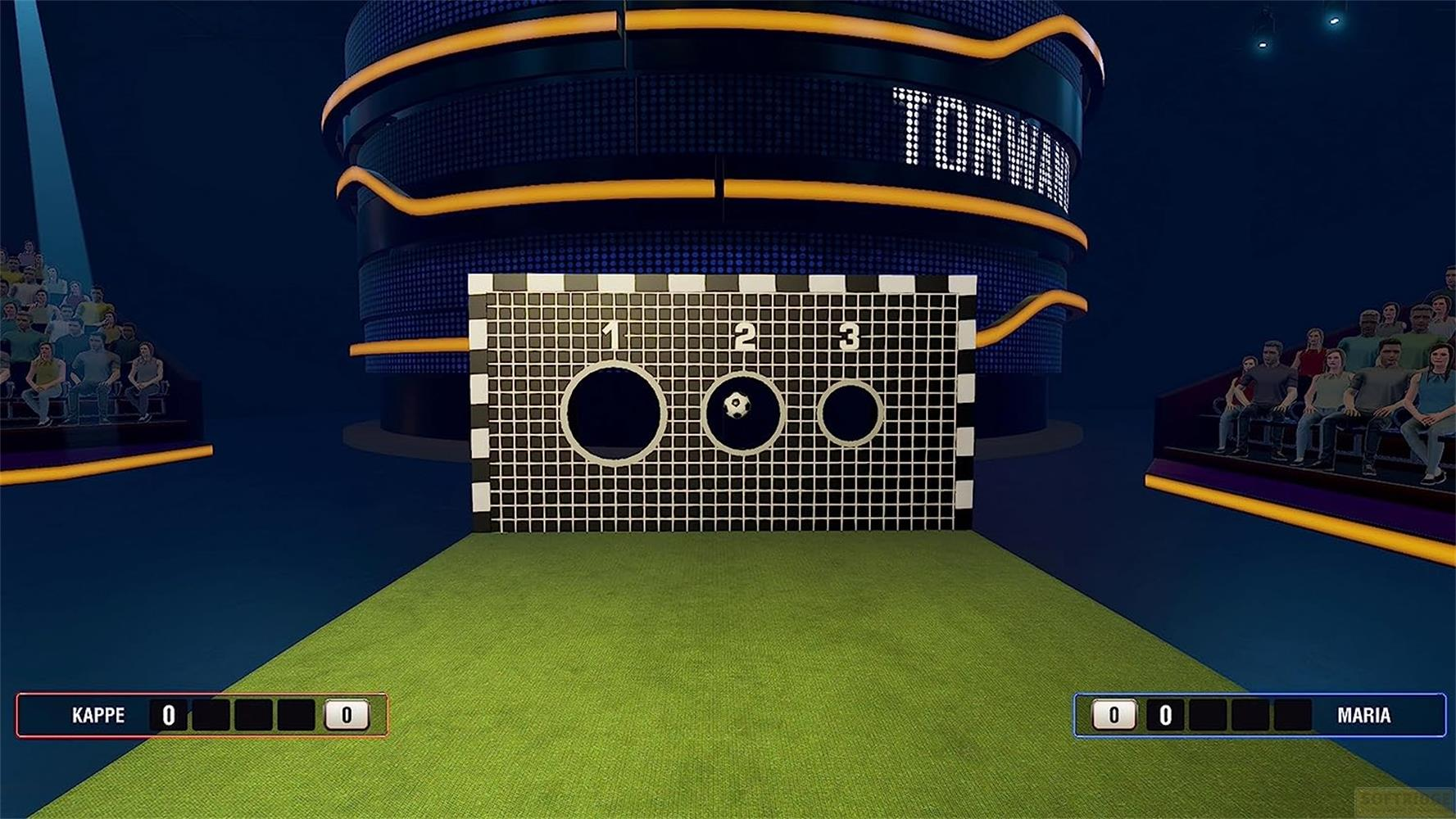 Spielshow-Set mit Torwand, Publikum und Anzeigetafeln.