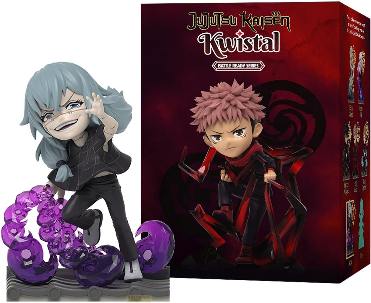 Dwie figurki anime: jedna z niebieskimi włosami, druga z czerwonymi, obok pudełka.