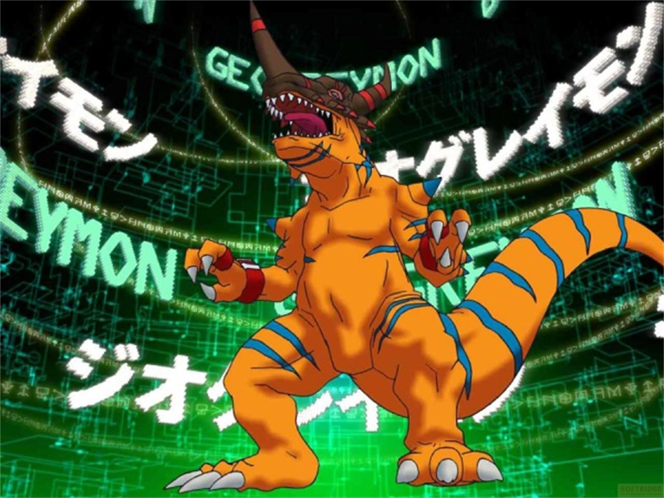 Un dinosaure orange rayé de bleu et casqué de brun se tient sur un fond numérique vert.