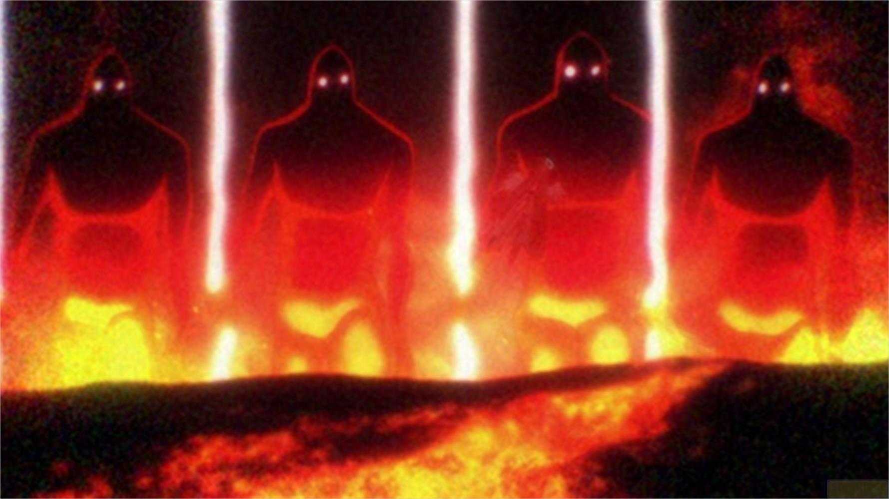 Quattro figure giganti, rosse e ombrose con occhi luminosi stanno su un terreno infuocato.