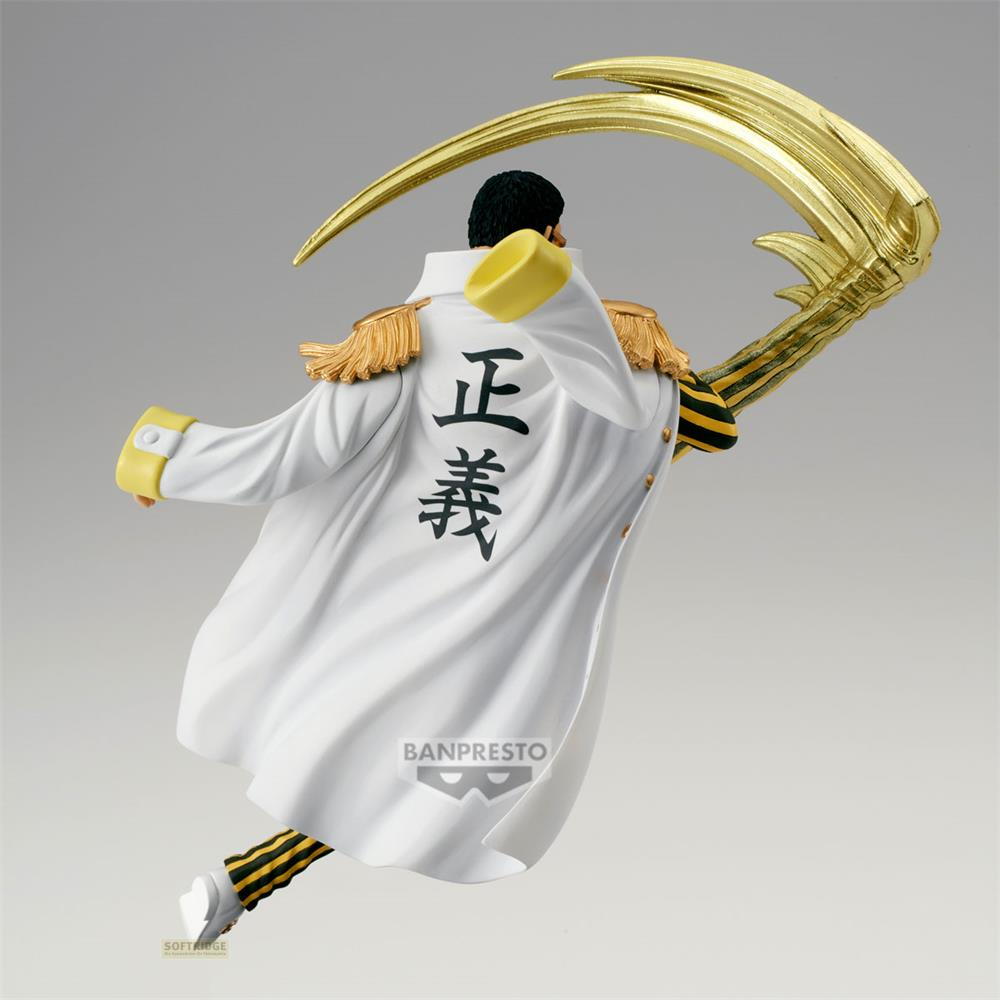 Figur eines Mannes mit weißem Mantel, goldener Sichel und japanischen Schriftzeichen.