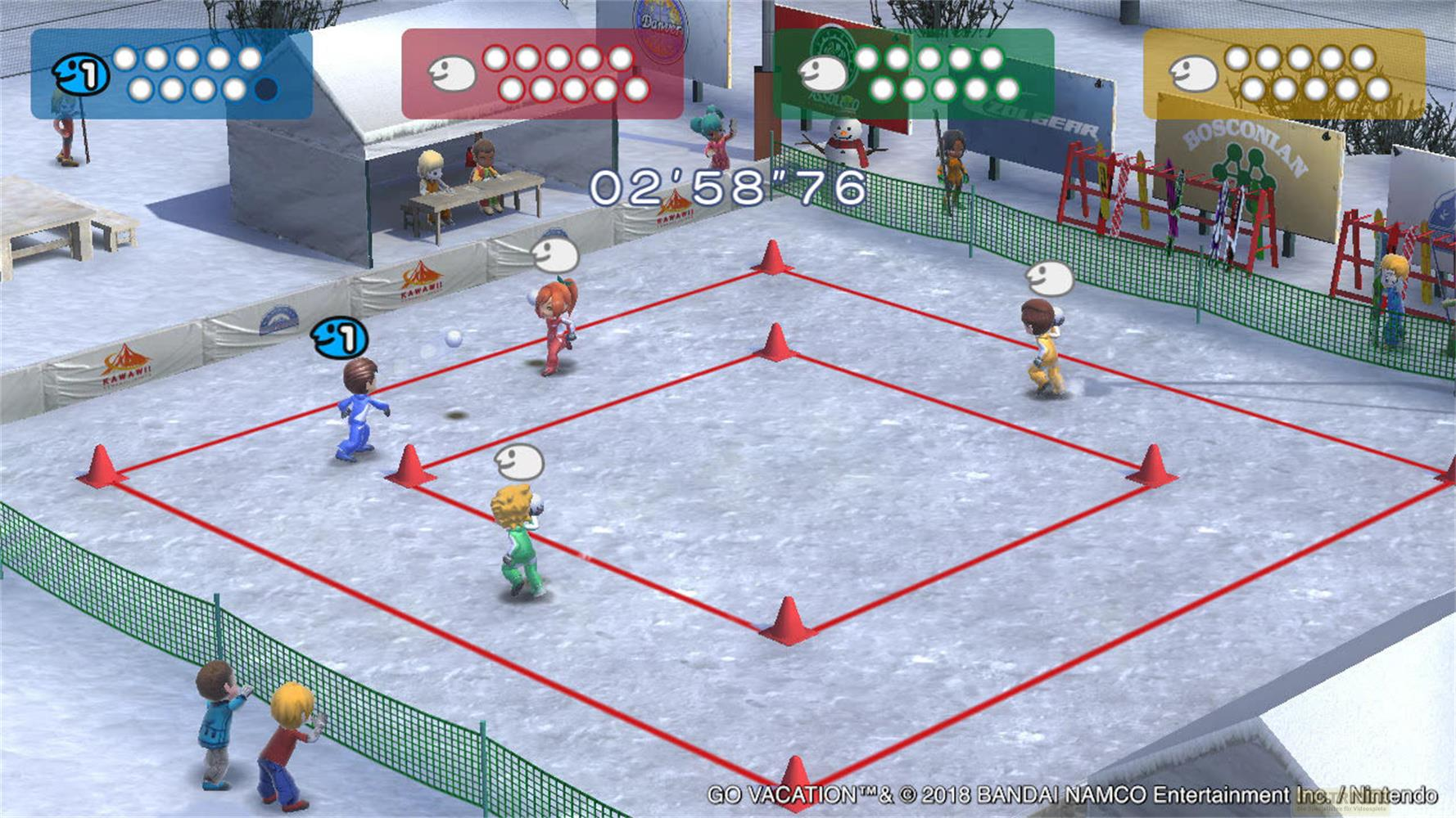 Schneeballschlacht-Spiel mit Cartoon-Figuren auf einem verschneiten Feld. Zeit: 02:58:76.