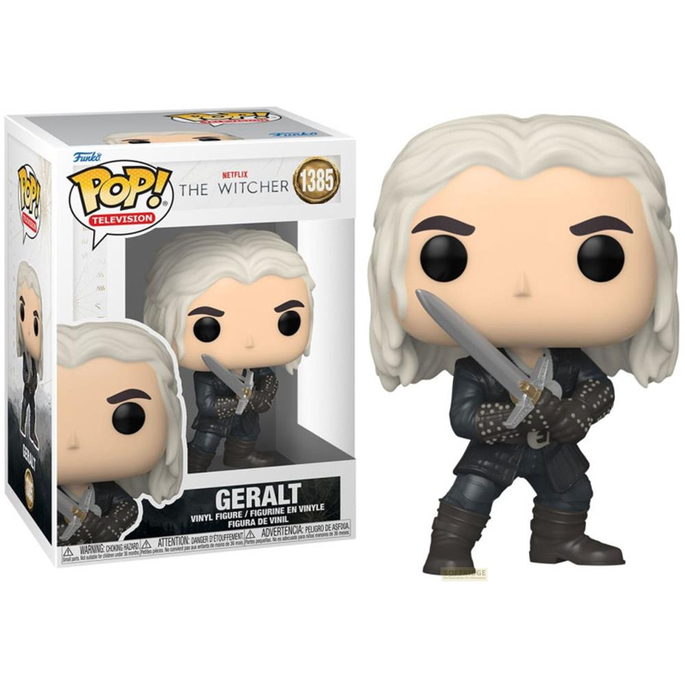 Action figure Funko Pop! di Geralt da The Witcher con spada, accanto alla scatola.