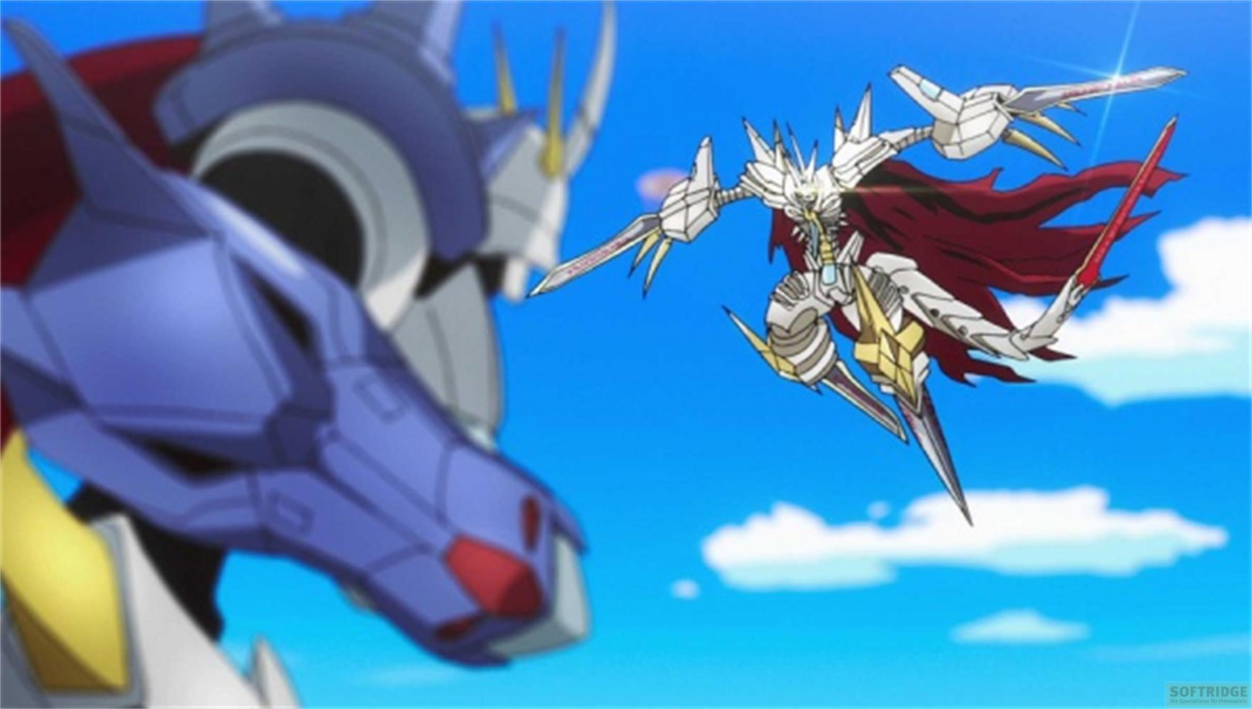 Due Digimon combattono sotto un cielo blu con nuvole. Uno è blu, l'altro bianco con mantello rosso.