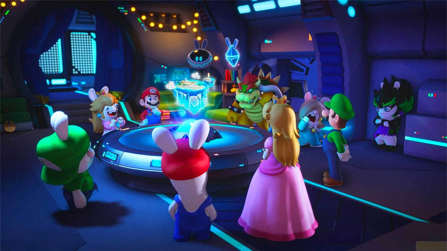 Mario, Luigi, Peach, Bowser et des Lapins dans un vaisseau spatial avec un hologramme.