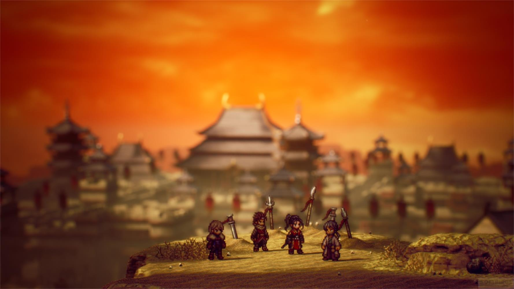 Fünf Pixel-Charaktere stehen vor einer japanischen Stadt bei Sonnenuntergang.