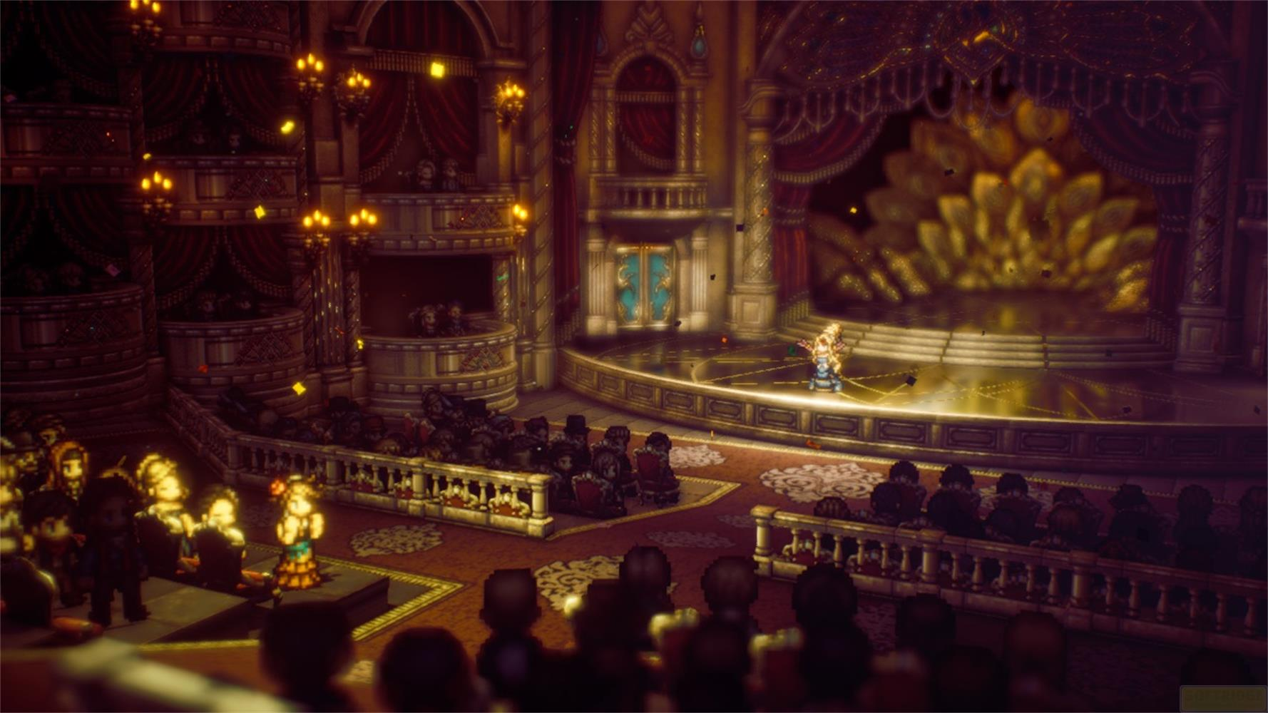 Eine Aufführung in einem opulenten Theater mit Publikum auf der Bühne und im Parkett.