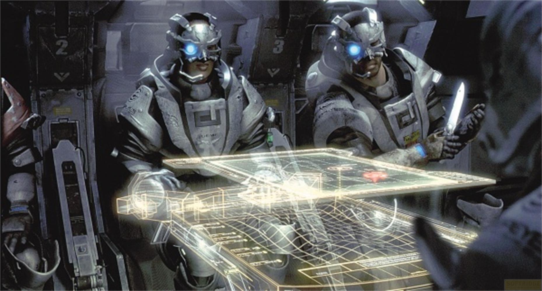 Due soldati in armatura futuristica guardano una mappa olografica.