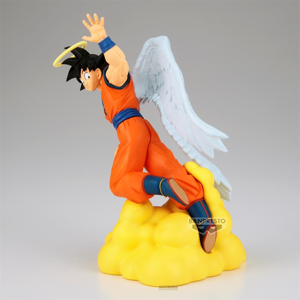 Figura de Goku con alas de ángel y halo sobre nube amarilla.