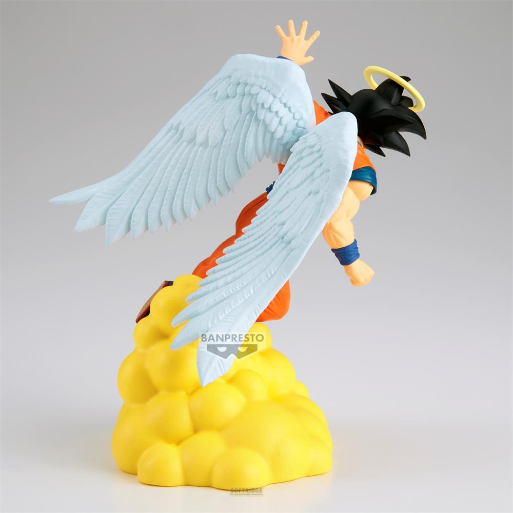Figura de Goku con alas de ángel y halo, sobre nubes amarillas.
