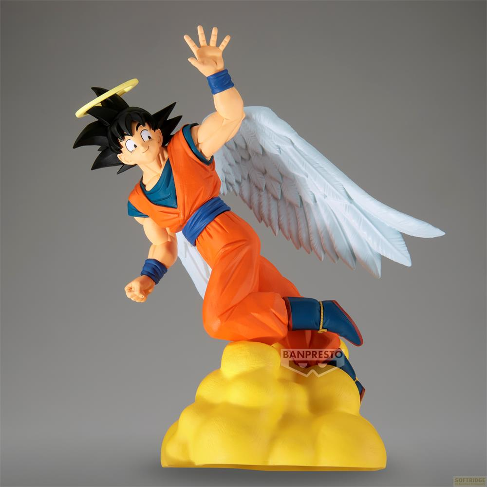 Figura de Goku con alas y aureola sobre una nube amarilla.