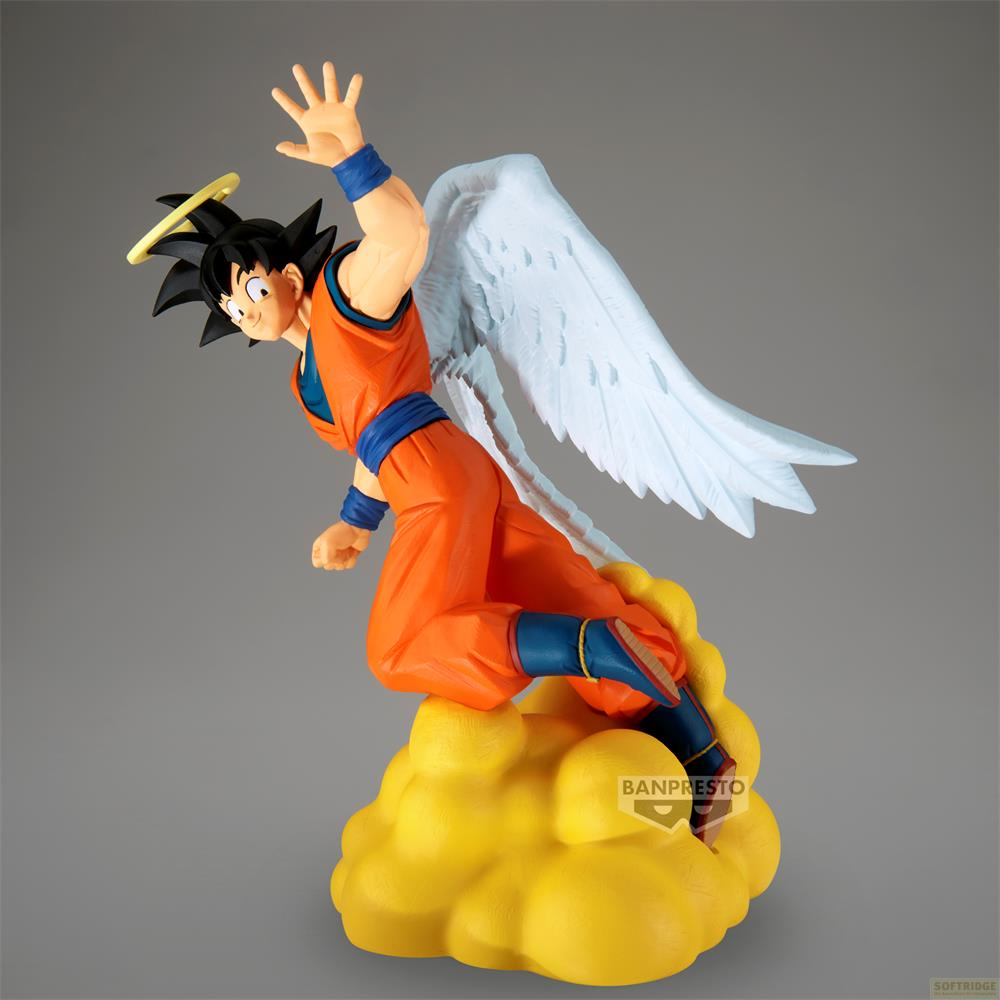 Figura de Goku con alas y halo sobre una nube amarilla.