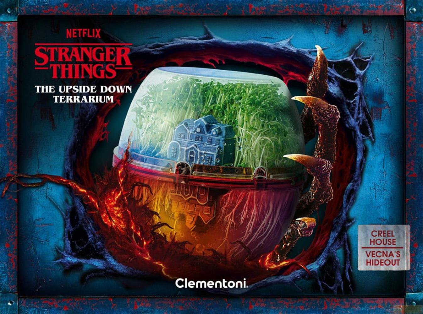 Terrario Stranger Things: casa con plantas en cristal, rodeada de enredaderas.