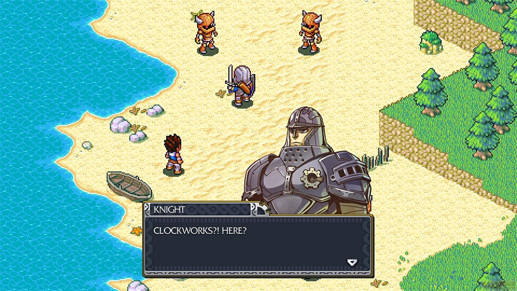Pixel-Art-Szene: Mann in Rüstung spricht mit Krieger am Strand. Links Boot.