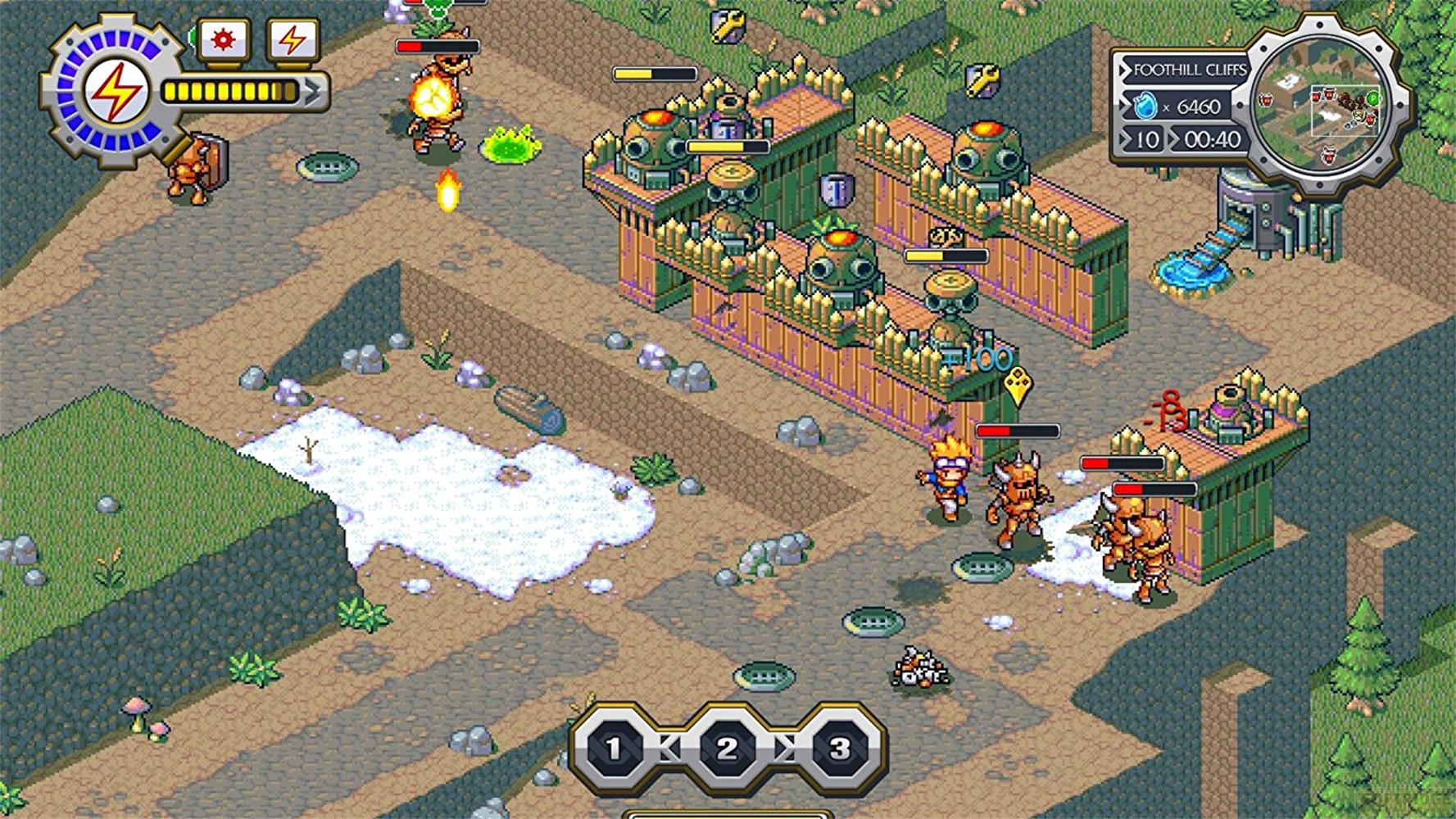 Pixel-Strategiespiel: Charaktere kämpfen auf einer Karte mit Schnee und Gebäuden.