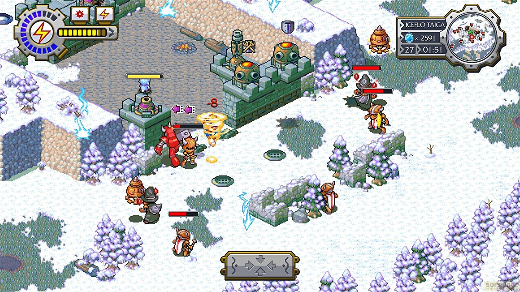 Pixel-Art-Winter-Schlachtfeld mit Fantasy-Charakteren und einem Tornado.