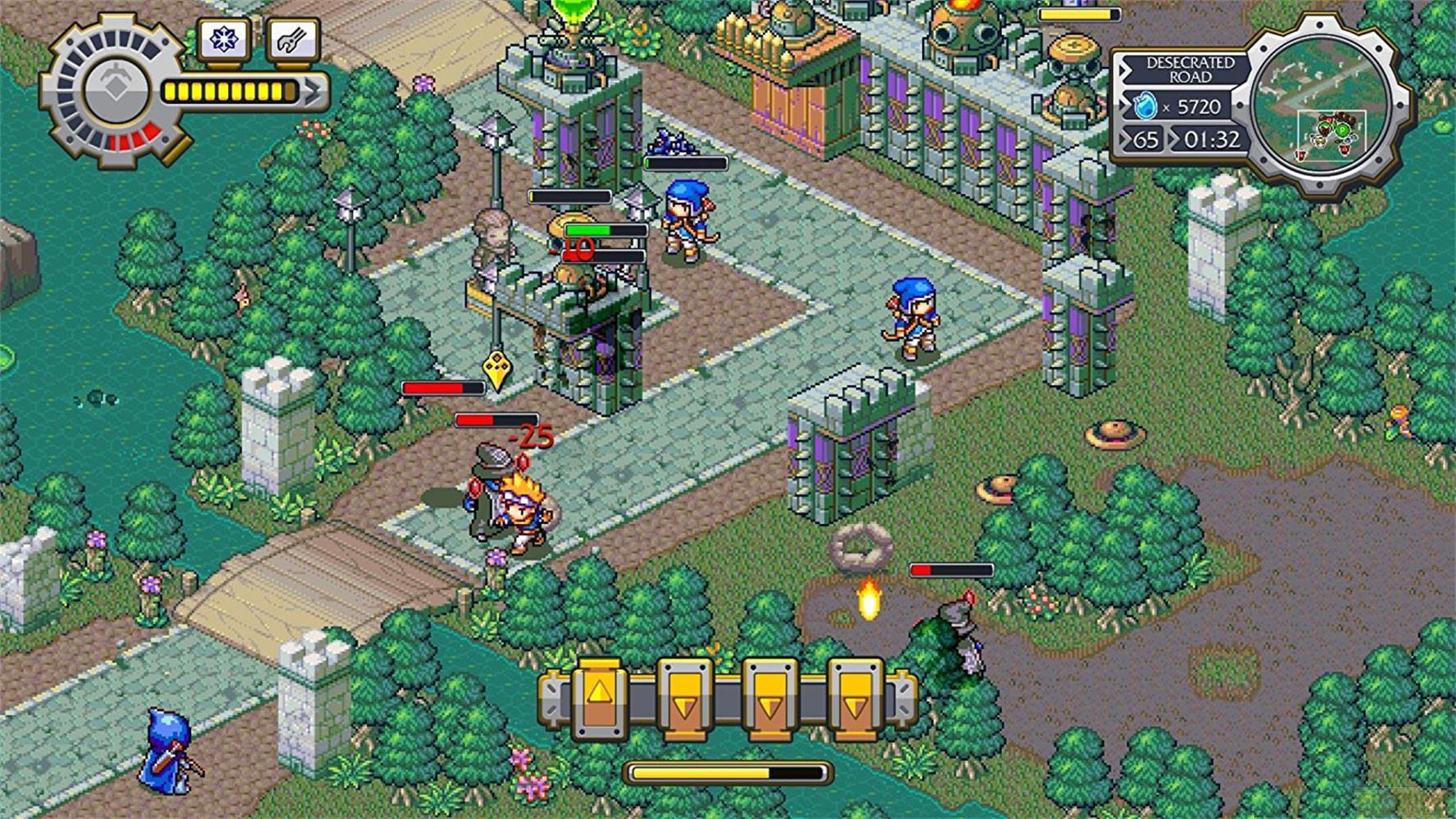 Pixel-Art-Kampfszene mit Soldaten und Gebäuden, überlagerter Benutzeroberfläche.