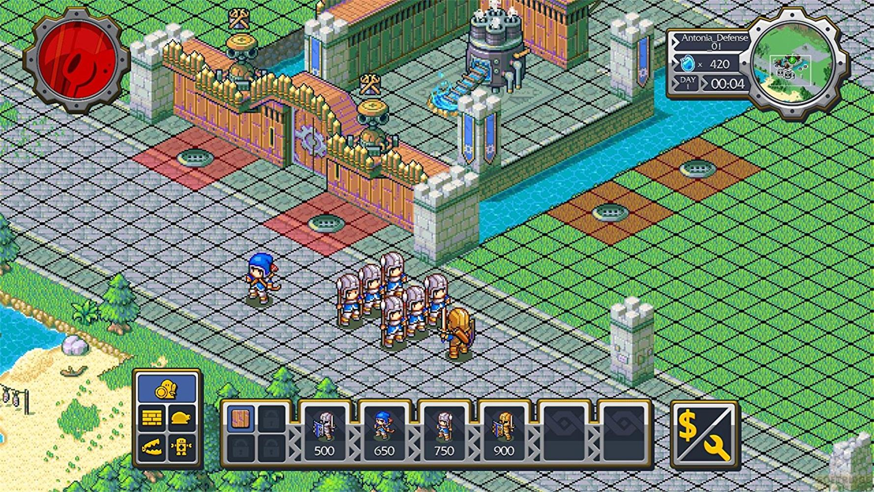 Pixel-Art-Strategiespiel: Truppen an einer Burg mit UI-Elementen und Ressourcen.