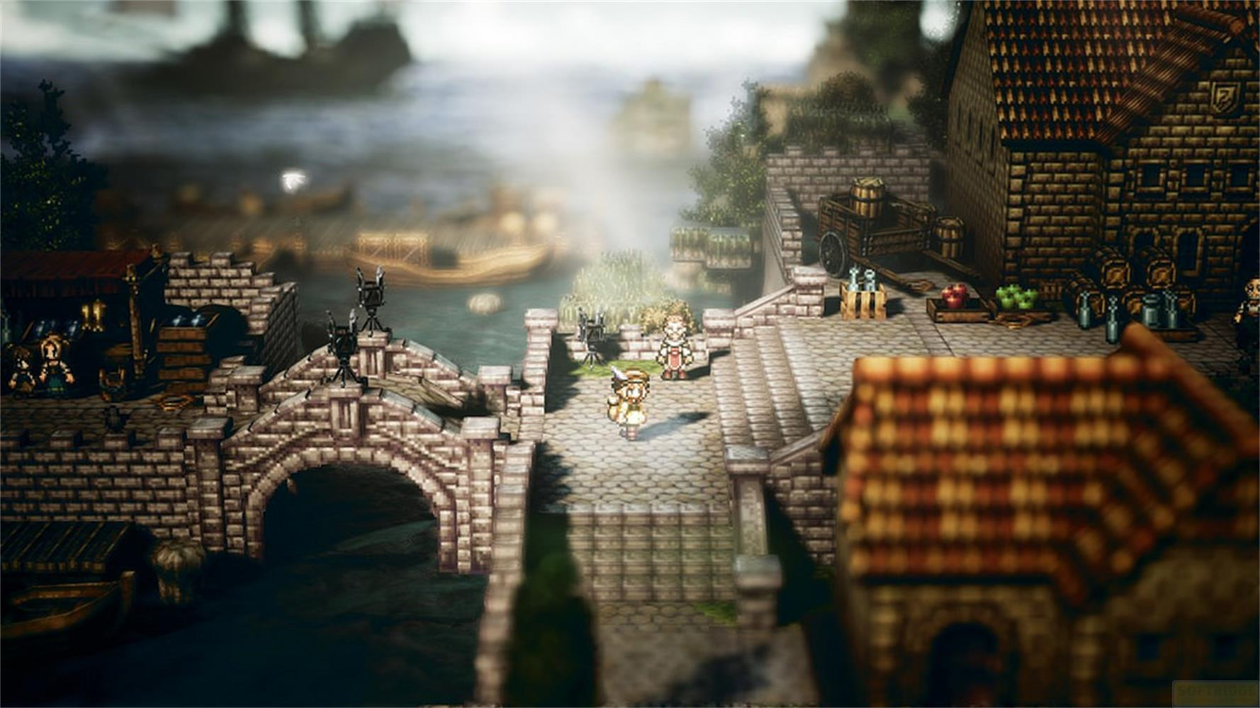 Eine mittelalterliche Stadt mit einer steinernen Brücke und Kanälen.