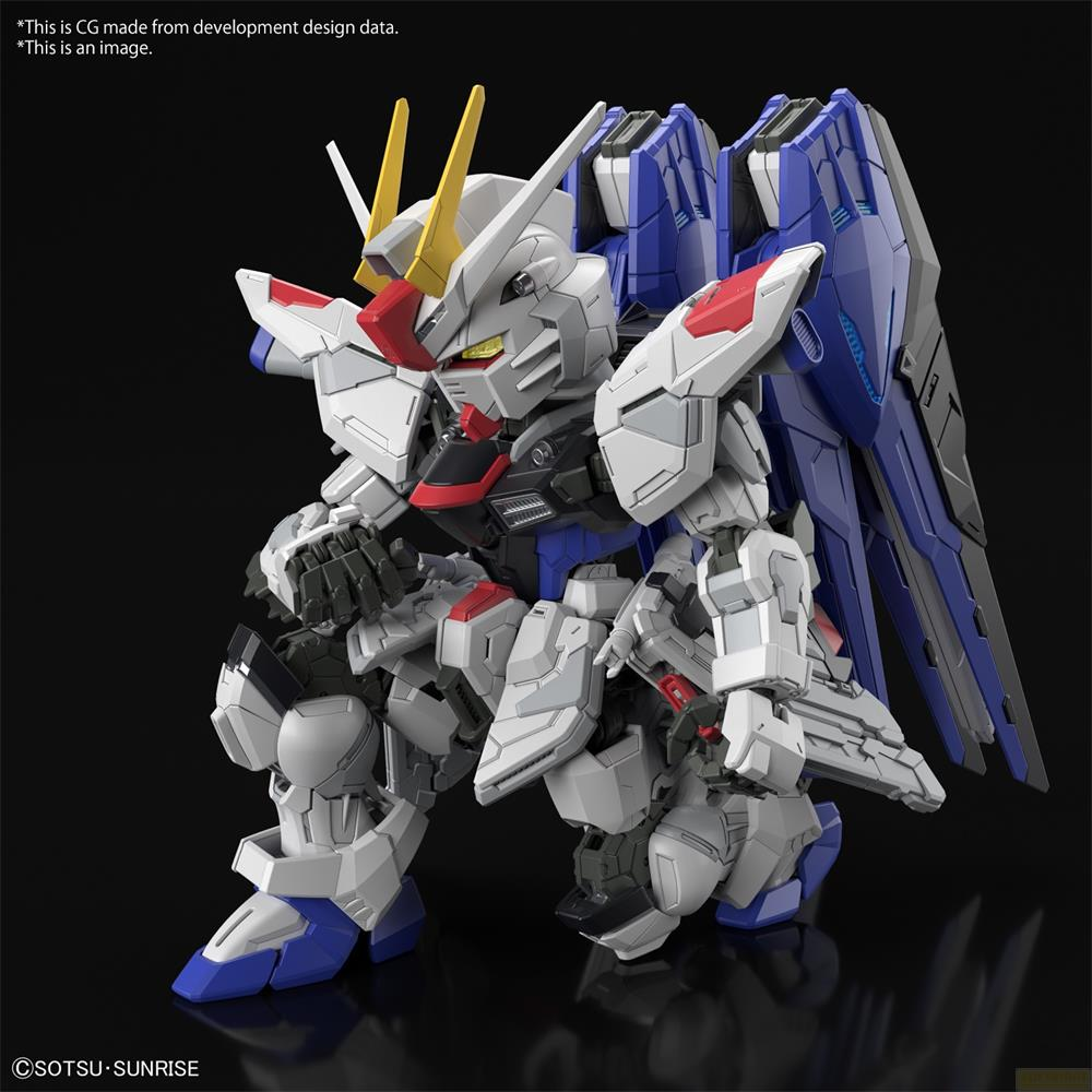 Un mech bianco e blu è accovacciato su sfondo nero con grandi ali blu.
