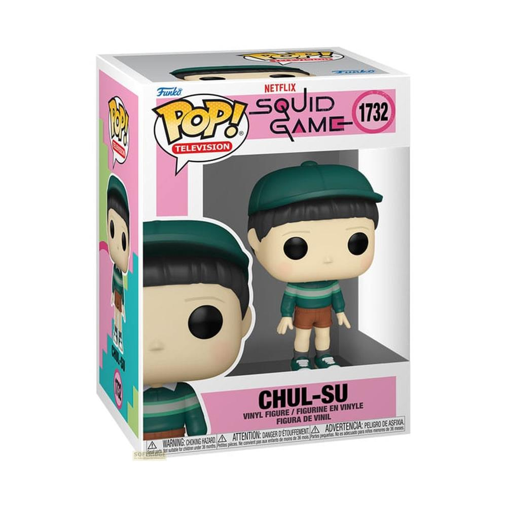 Figura Funko Pop! de vinilo de Chul-Su de Squid Game, con gorra verde y camisa a rayas.