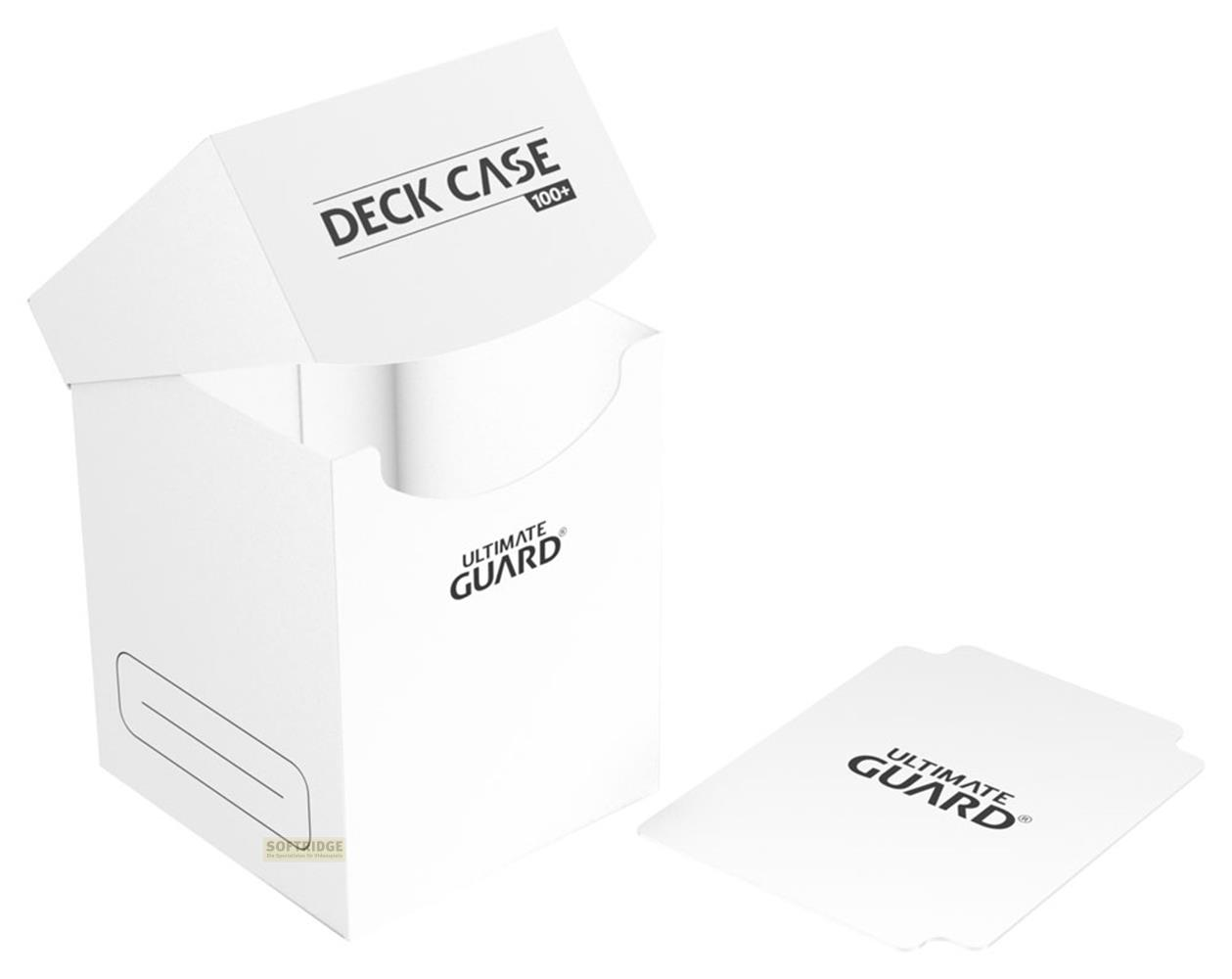 Un porta carte bianco Ultimate Guard con coperchio aperto e due bustine.