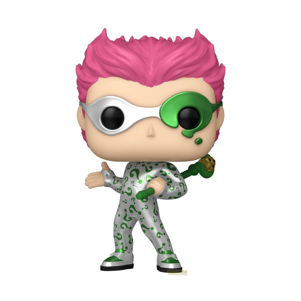 Una figura con pelo rosa, traje de signo de interrogación y bastón verde.