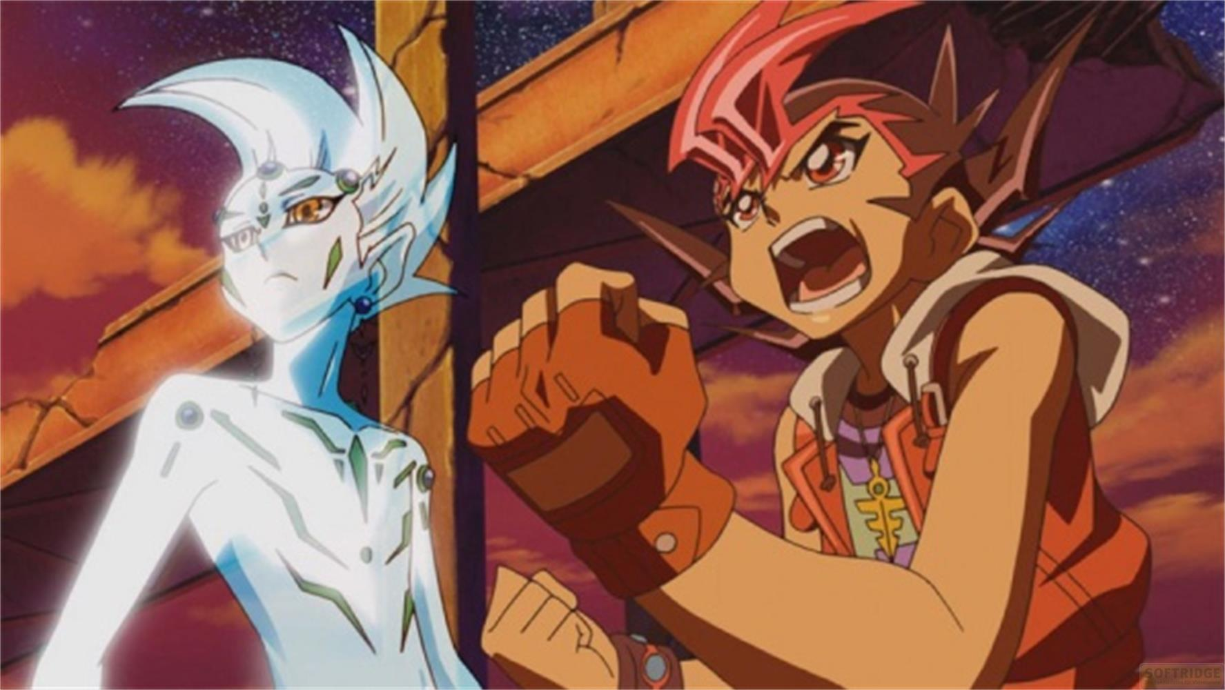 Due personaggi anime davanti a un cielo stellato. Uno è azzurro, l'altro ha i capelli rossi.