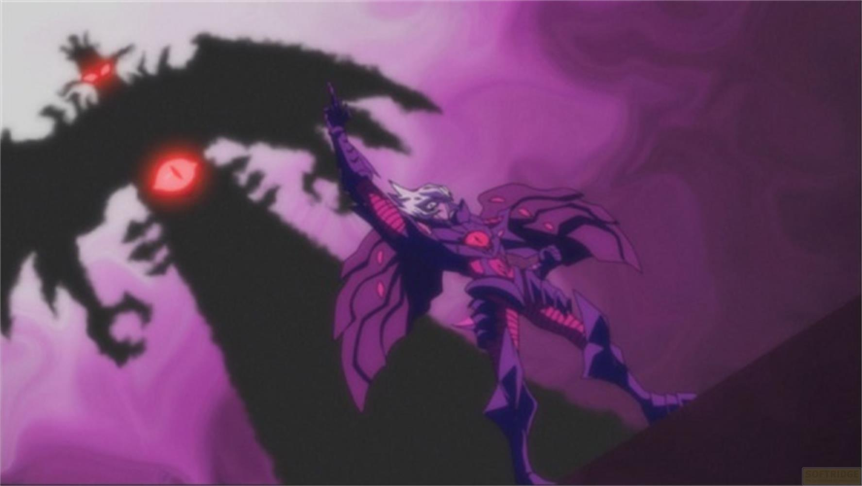 Una figura oscura con occhi rossi proietta un'ombra su un guerriero in armatura viola.