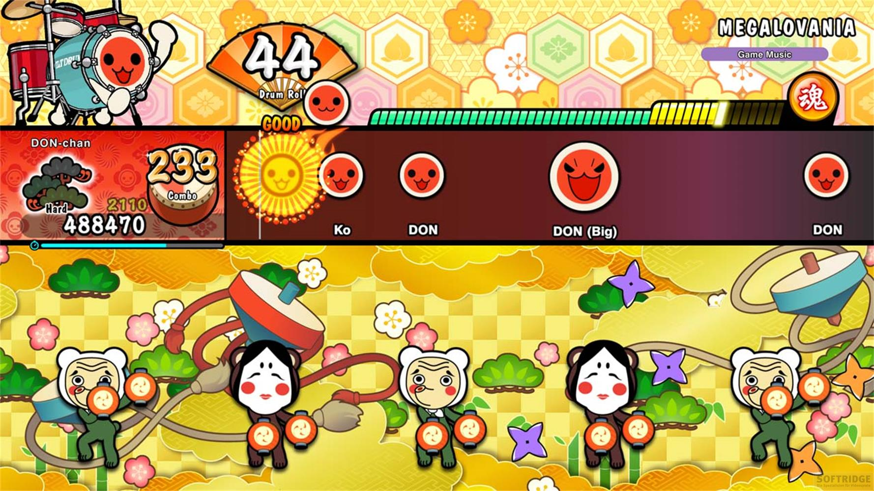 Taiko no Tatsujin Spielbildschirm mit Charakteren, Trommeln und Musik-Noten.