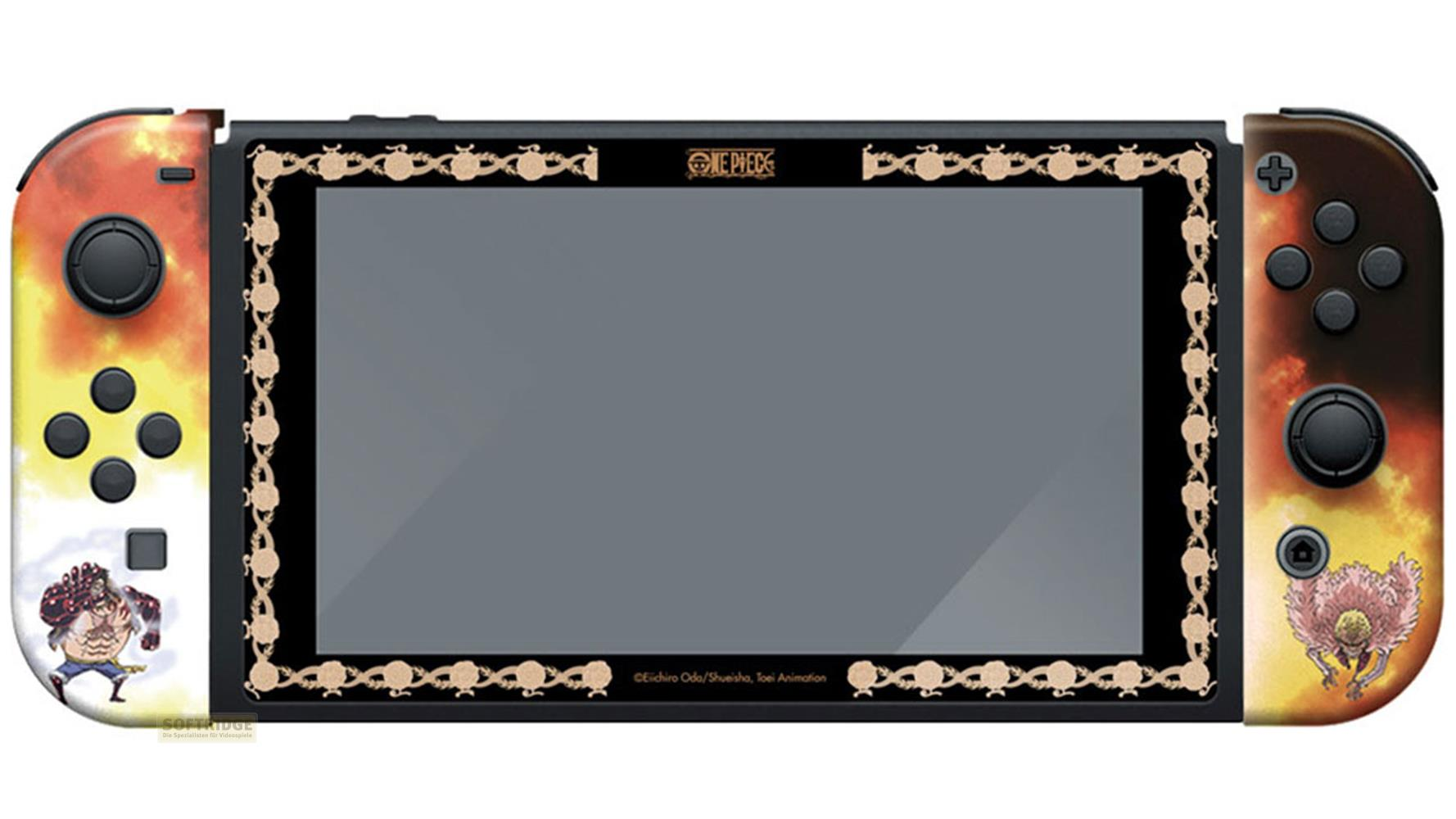 Nintendo Switch con diseño de One Piece: motivos ardientes, personajes y adornos.
