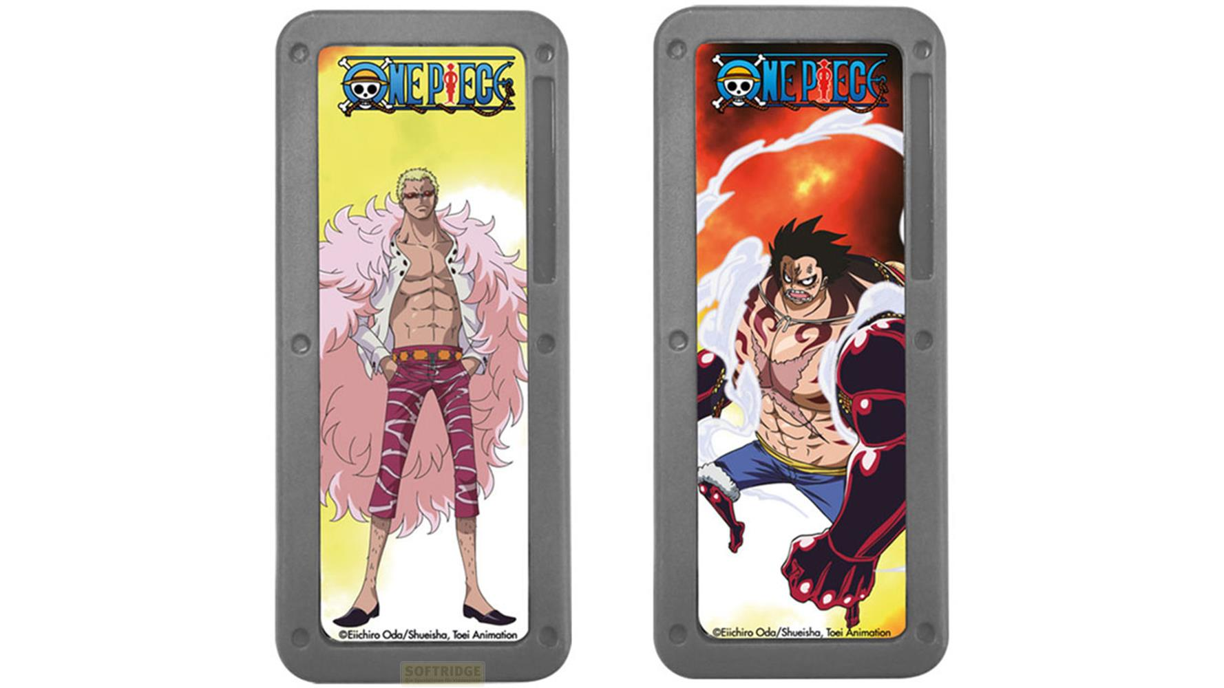 Dos diseños de One Piece en carcasas grises. Izquierda Doflamingo, derecha Luffy en Gear 4.