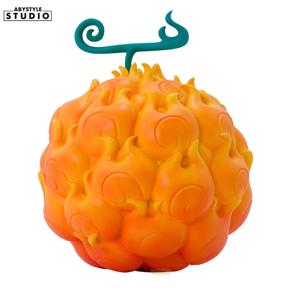 Eine orangefarbene Teufelsfrucht-Figur mit Flammenmuster und einem türkisfarbenen Stiel.