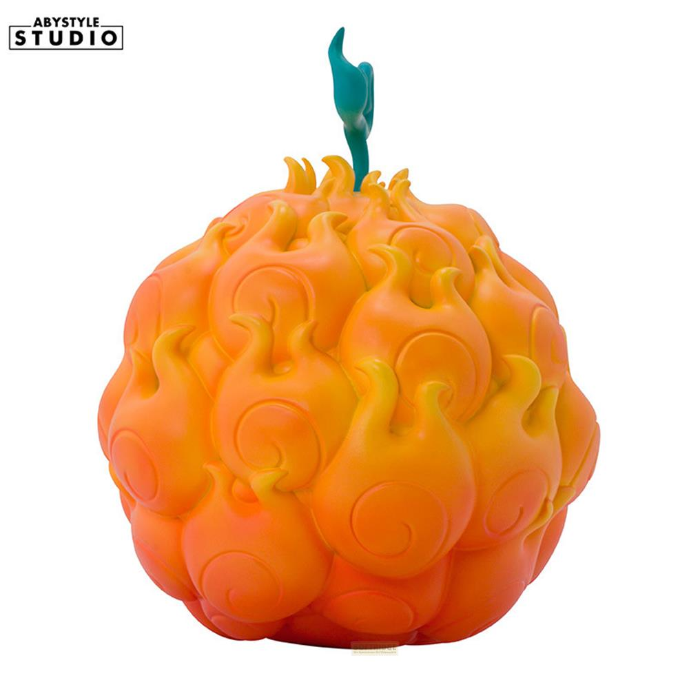 Eine orangefarbene Teufelsfrucht-Replik mit Flammenmuster und einem blauen Stiel.