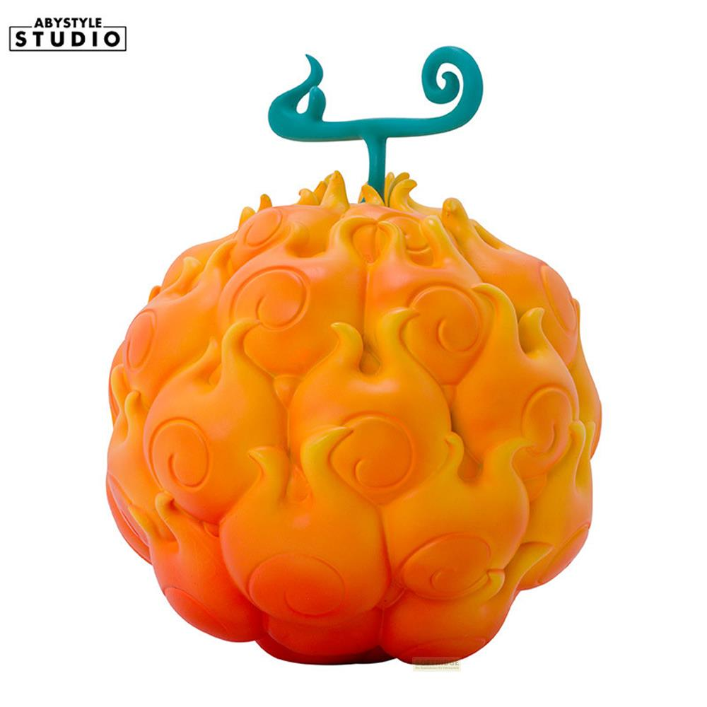 Orangefarbene Teufelsfrucht-Replik mit Flammenmuster und türkisfarbenem Stiel.