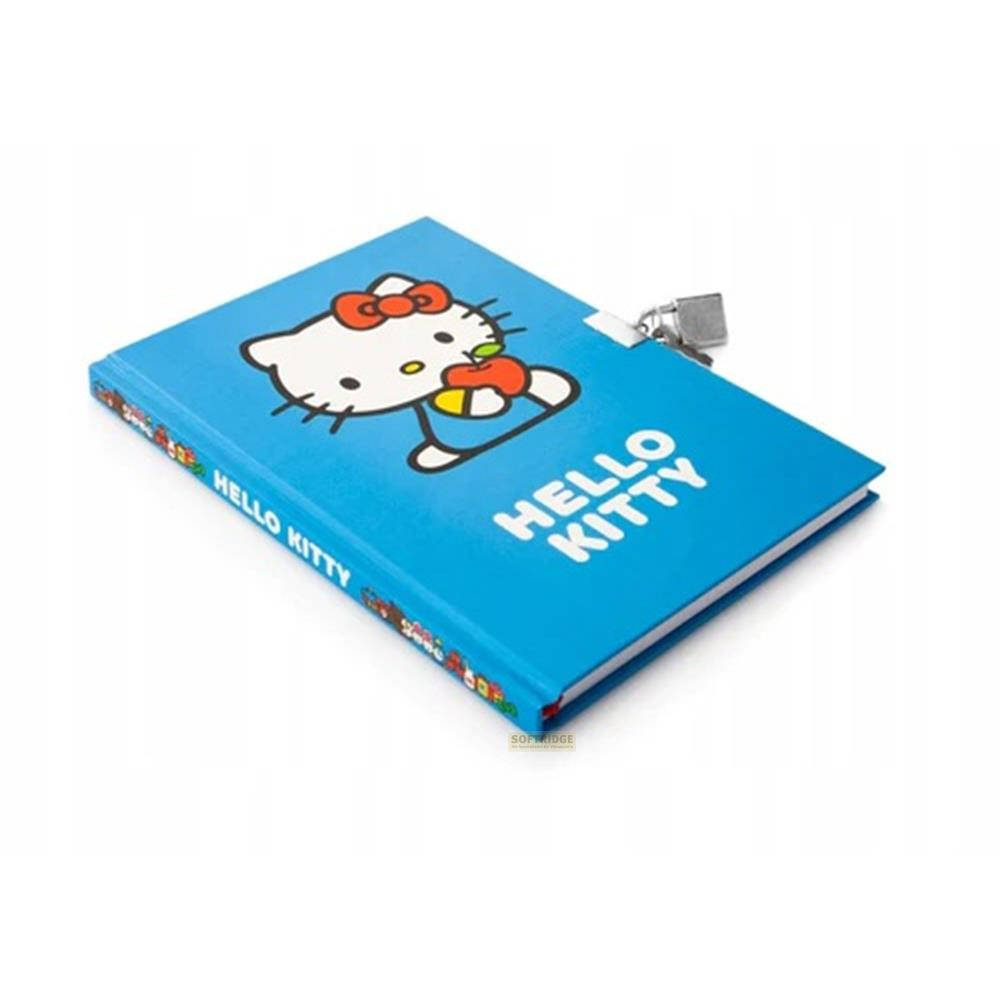 Ein blaues Notizbuch mit Hello Kitty und einem Schloss.