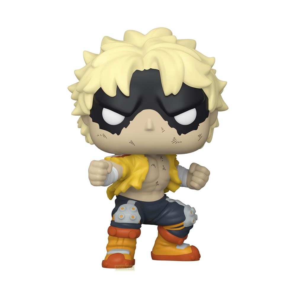 Figuur met blond haar, zwart masker en geel vest in een gevechtshouding.