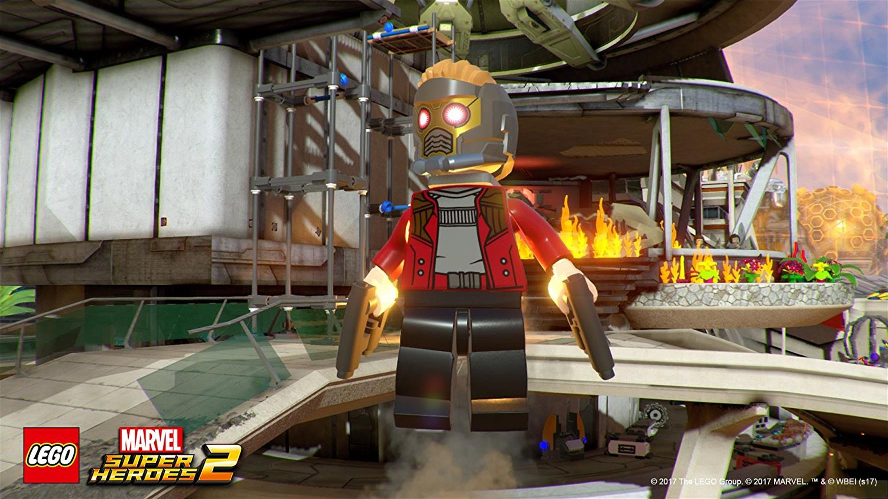 Lego Star-Lord avec des pistolets dans un décor futuriste avec des flammes.