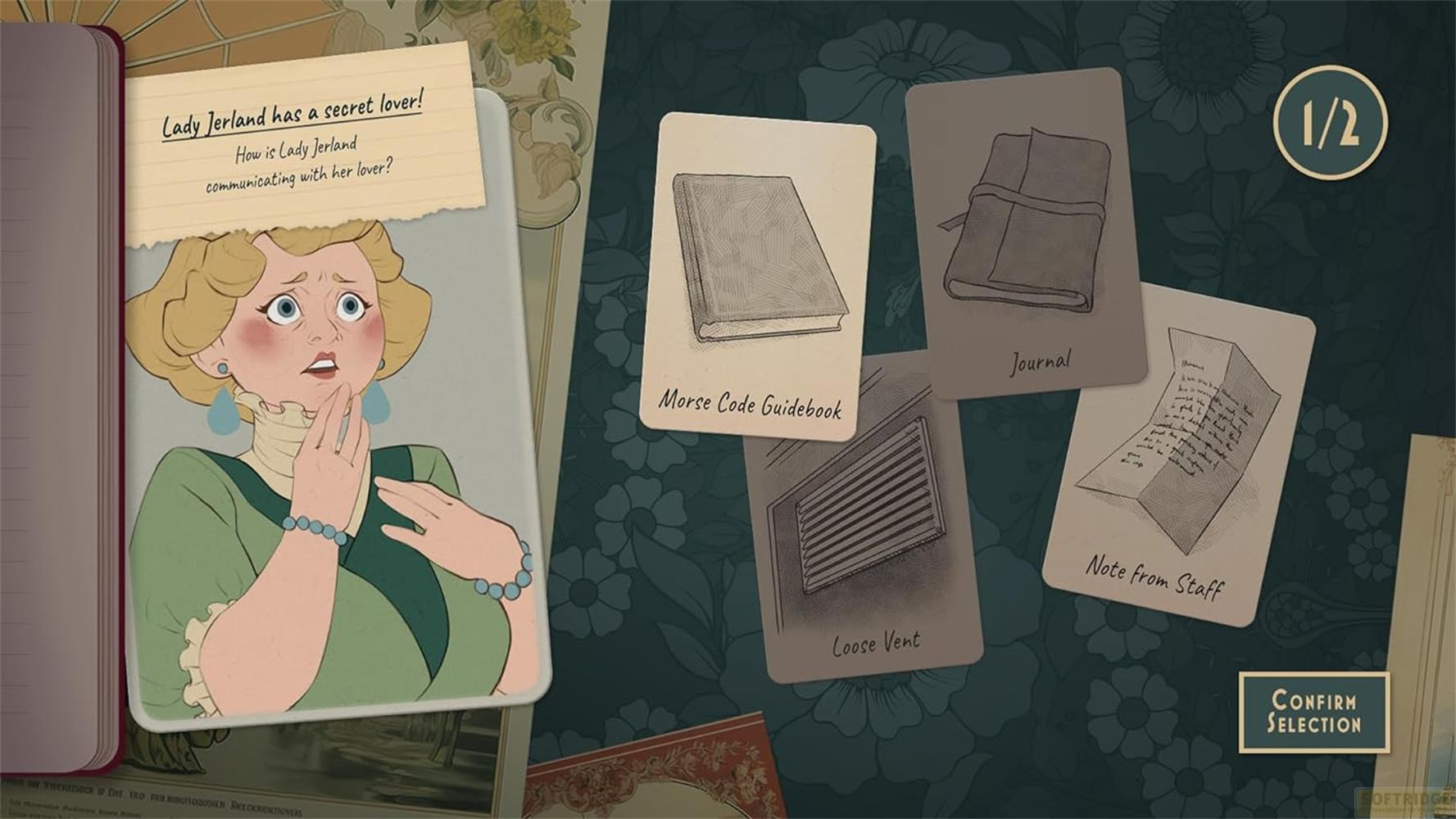 Illustrazione di Lady Jerland con quattro carte da gioco: libro Morse, diario, griglia e nota.