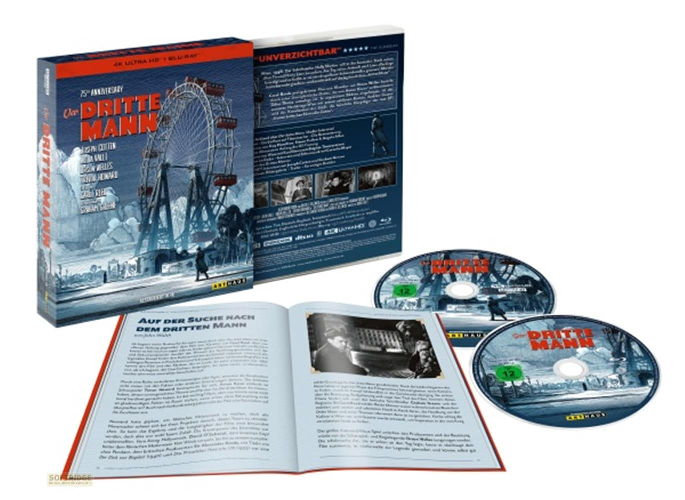 Blu-ray-Box mit Filmcover, geöffnetem Buch und zwei Discs, "Der dritte Mann".