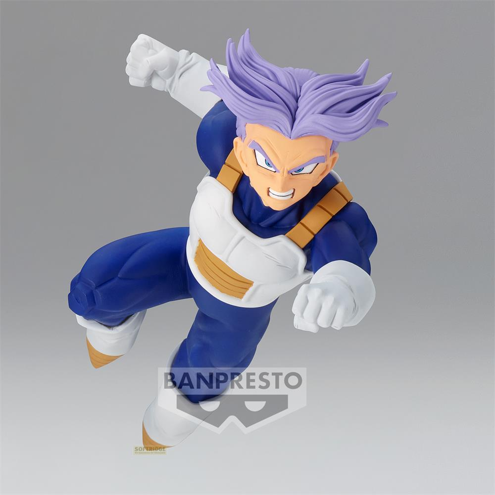 Eine Figur von Trunks aus Dragon Ball Z in blauer Rüstung mit lila Haar.