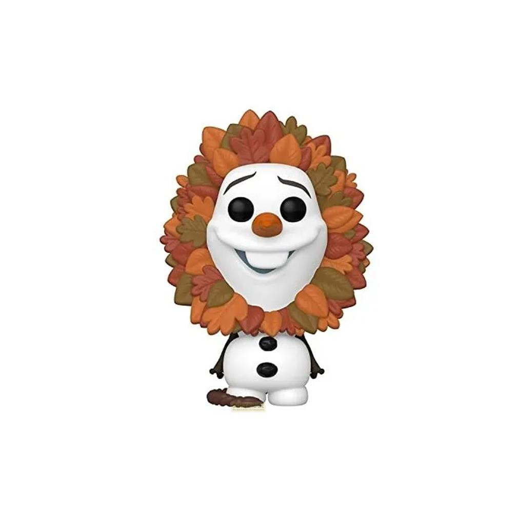 Una figura de Olaf con una corona de hojas de otoño.